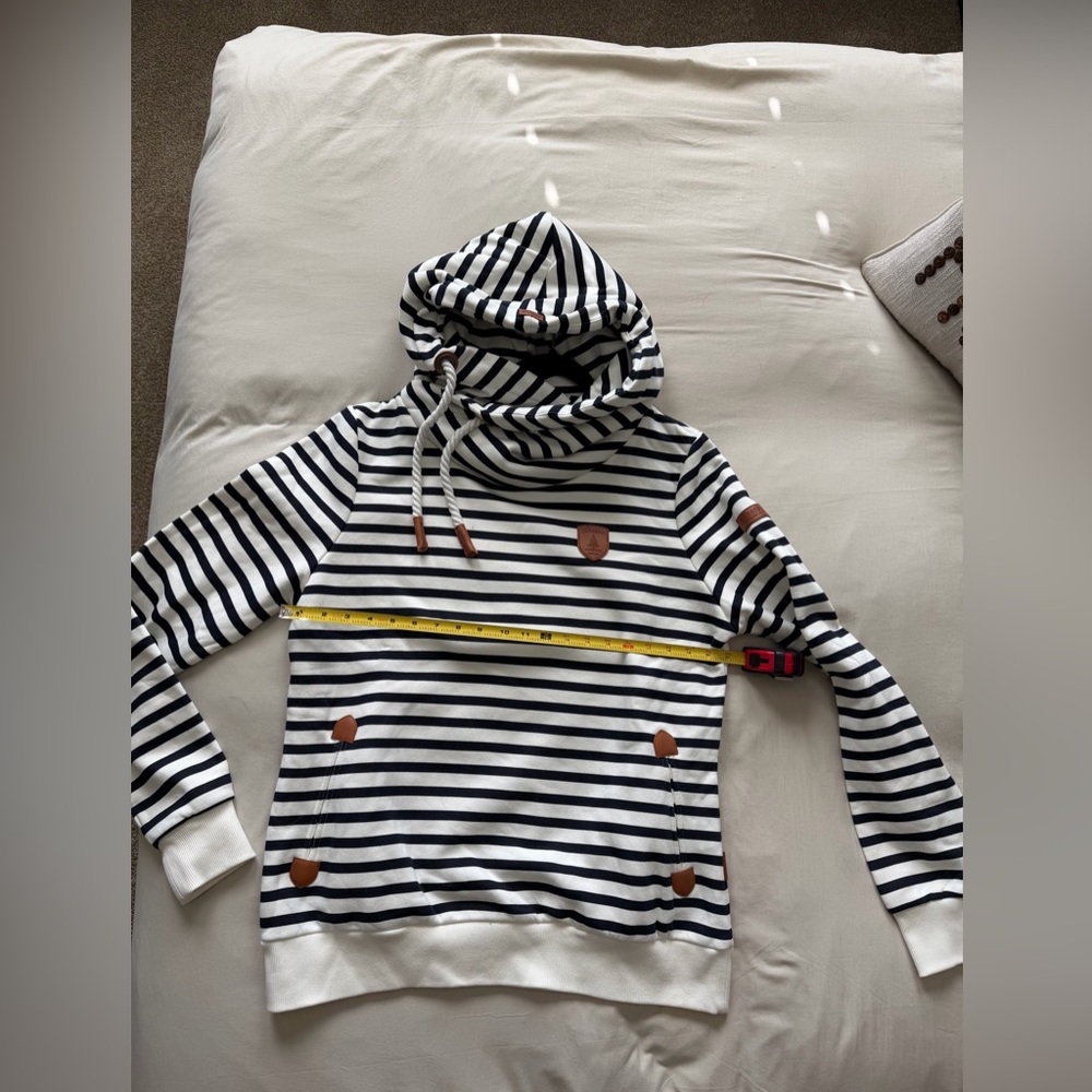 Wanakome Striped Nautical Hoodie with Leather Accents - White & Navy